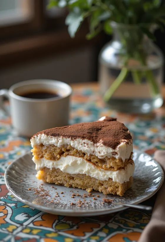 Kremasta tiramisu torta sa slojevitim piškotama s kavom i kremom od mascarponea, posuta kakaom u prahu.