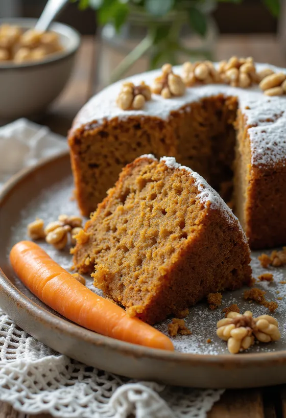 Veganska torta od mrkve poslužena s orasima i šećerom u prahu