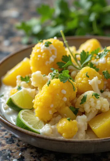 Aloo gobi s kokosovim mlijekom serviran u zdjeli