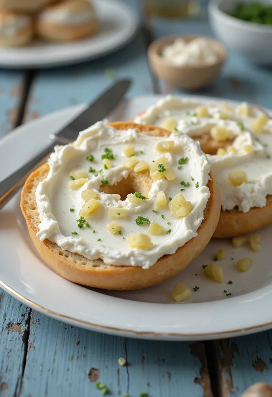 Bagel s češnjakom i krem sirom, ukrašen svježim peršinom