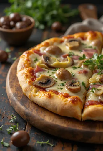 Pizza Capricciosa s dimljenim sirom servirana