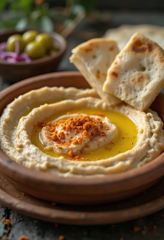 Humus svilenkaste teksture, preliven maslinovim uljem, poslužen s pitom