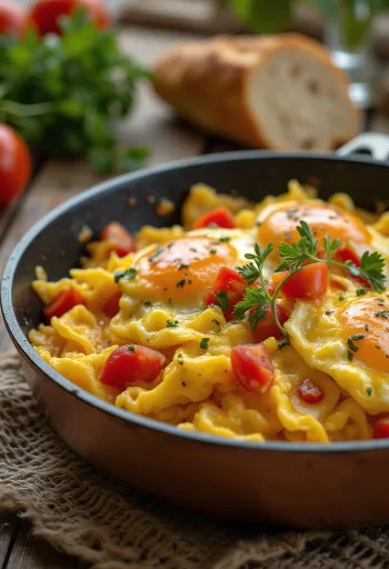 Tava s menemenom od povrća, rajčice i jaja, posuta peršinom