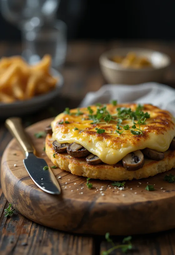 Welsh rarebit s gljivama poslužen, u umaku od sira, na tostu, s komadićima svježih gljiva