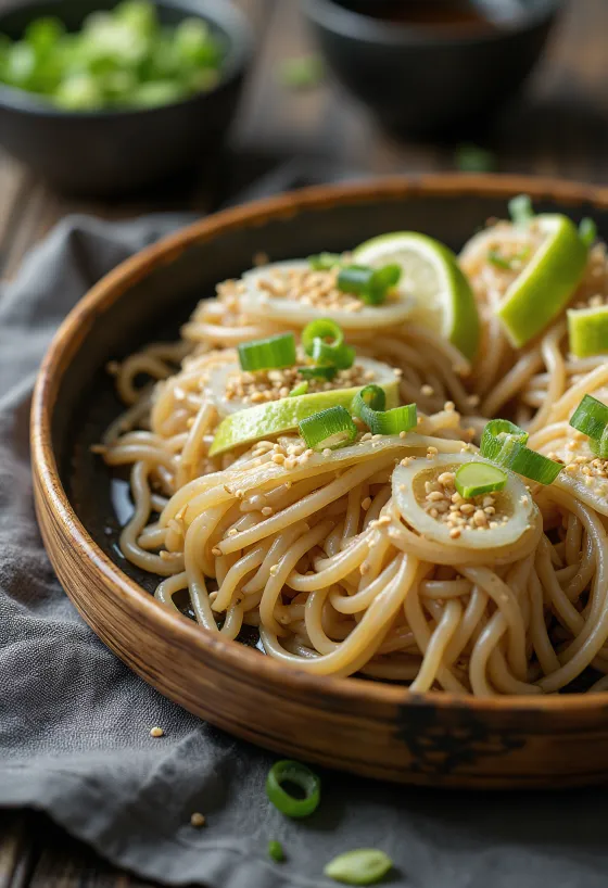 Zaru soba poslužena s limetom, ukrašena umakom od soje, limetom i sezamom