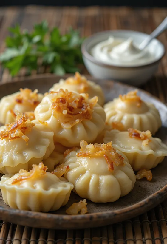 Pierogi s krumpirom posluženi s kiselim vrhnjem i prženim lukom