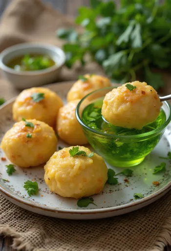 Pani puri poslužen sa svježom vodom od mente i korijandera u rustikalnoj zdjeli