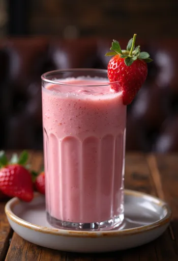 Smoothie od jagoda u visokoj čaši, ukrašen svježim kriškama jagoda