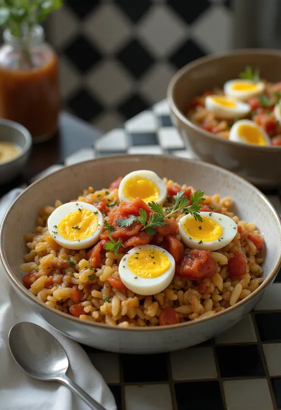 Koshari s jajima, egipatsko jelo od riže, leće i makarona, u bogatom umaku od rajčice