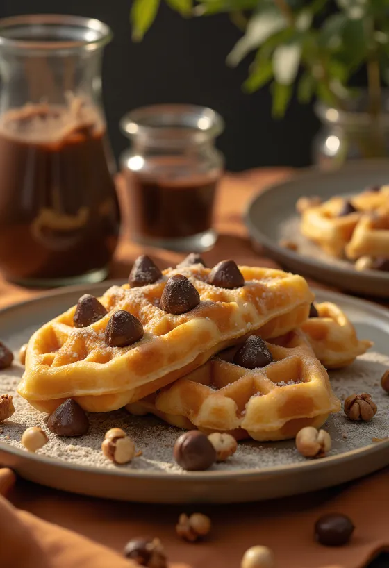 Vafli s lješnjacima i čokoladom s otopljenom čokoladom i prženim lješnjacima