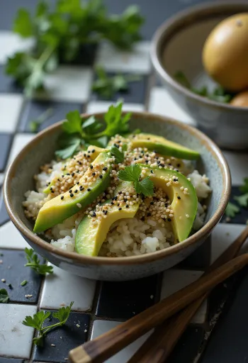 Poké sa sezamom sa svježim povrćem na podlozi od riže, ukrašen korijanderom i sokom limete.