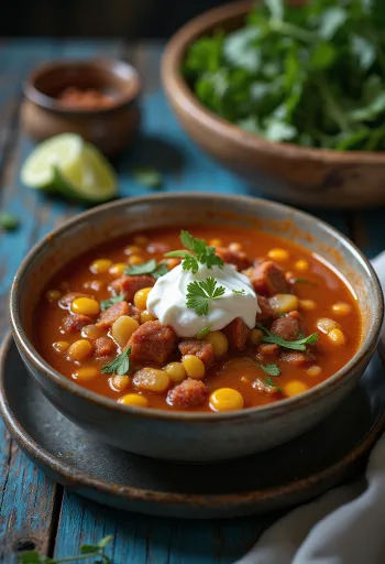 Pozole s chorizom, posluženo s bogatim kukuruzom i začinjenim chorizom