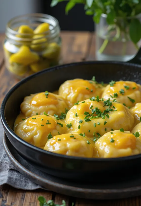 Nokedli s jajima posipani svježim peršinom, servirani s domaćom kiselom salatom.