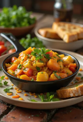 Chakalaka s curry začinom, poslužena s bogatim povrćem i začinima, ukrašena svježim korijanderom
