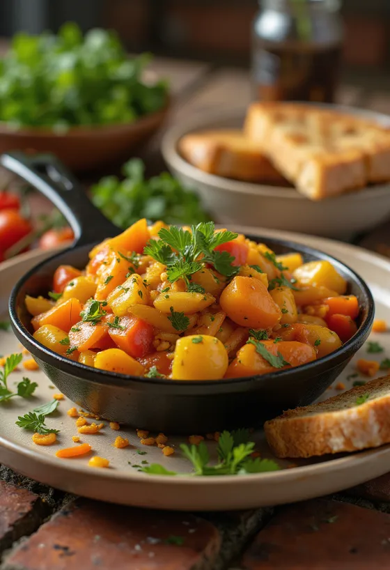 Chakalaka s curry začinom, poslužena s bogatim povrćem i začinima, ukrašena svježim korijanderom