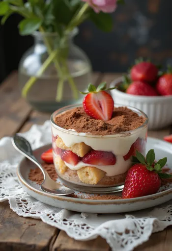 Tiramisu s jagodama sa slojevima piškota i mascarpone kreme, ukrašen svježim jagodama