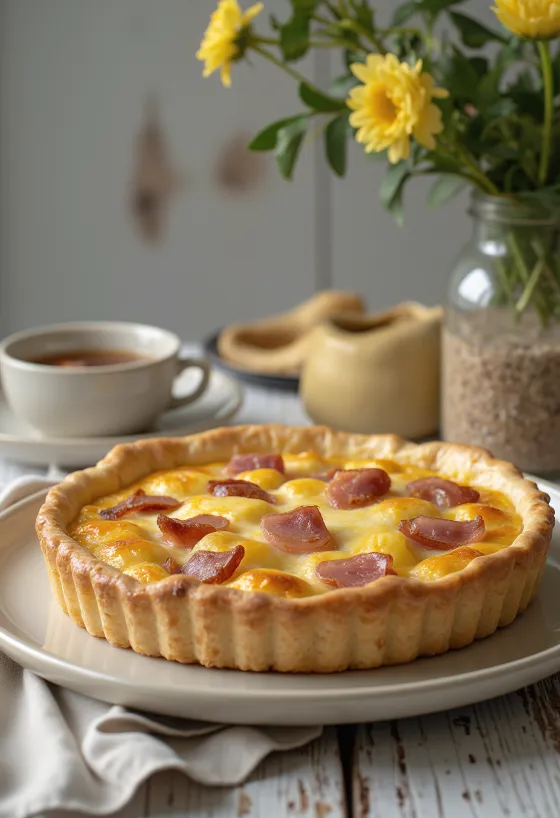 Quiche s dimljenim sirom i šunkom narezan u rustikalnom posluživanju
