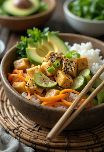 Poké bowl s tofuom, serviran sa svježim povrćem i avokadom, posut sezamom.