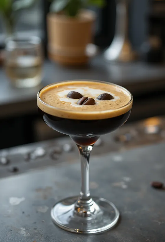 Espresso Martini koktel ukrašen s tri zrna kave