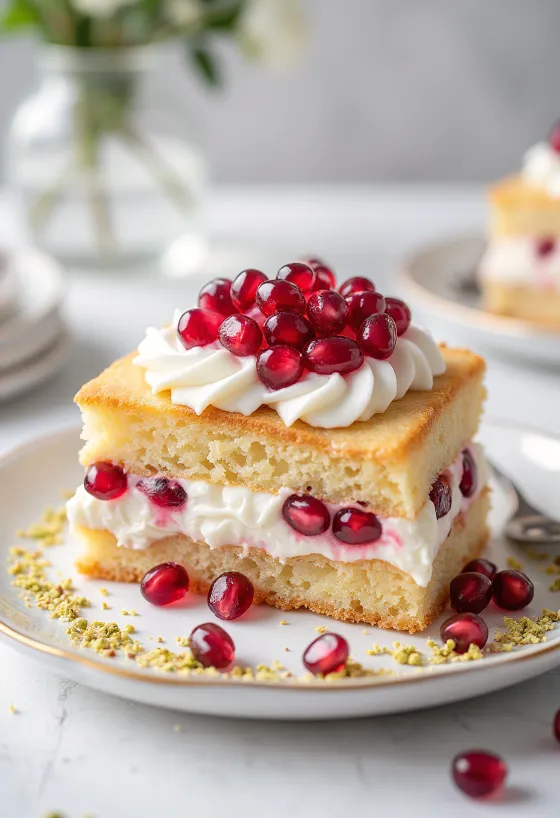 Pjenasta torta s narom ukrašena svježim sjemenkama nara