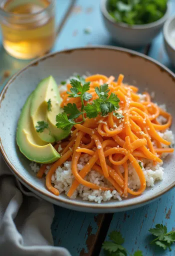 Poké s mrkvom sa svježim povrćem na podlozi od riže, ukrašen korijanderom i sokom limete.