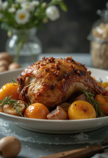 Pečeni dikobraz sa začinskim biljem poslužen s pečenim povrćem