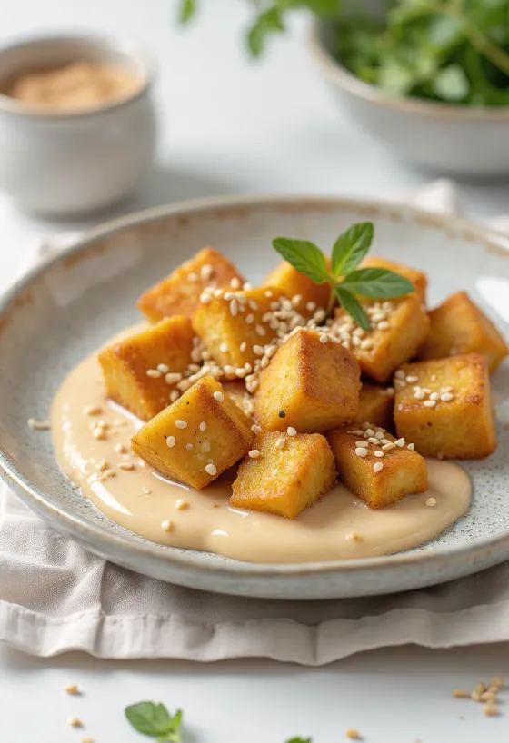 Kocke tofua prelivene tahini umakom na tanjuru