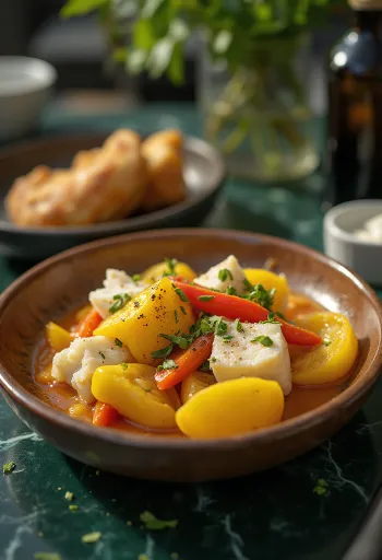 Ackee i usoljeni bakalar posluženi s povrćem i začinima