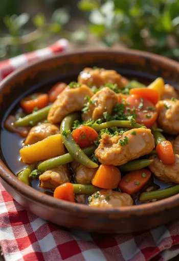 Adobo s raguom od povrća, ukrašen svježim korijanderom