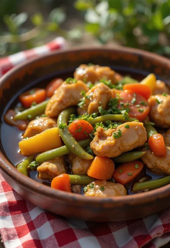 Adobo s raguom od povrća, ukrašen svježim korijanderom