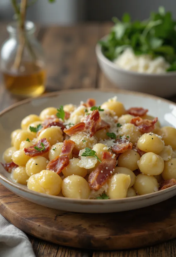 Njoki sa slaninom posluženi na tanjuru
