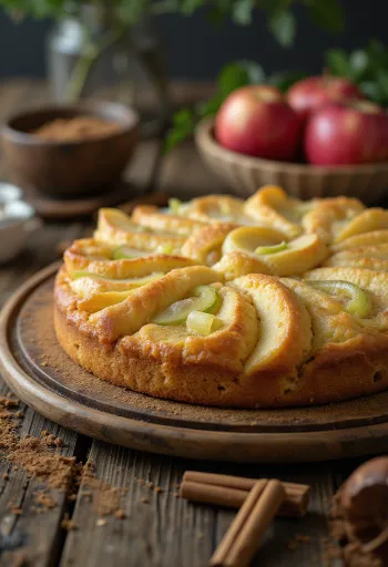 Prebiotički kolač od poriluka i jabuka, zlatnosmeđi kolač narezan na kriške