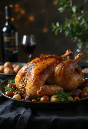 Pečena purica s nadjevom od kestena poslužena na pladnju s povrćem