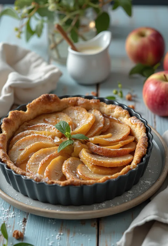 Treacle tart s nadjevom od jabuka, poslužen sa šlagom