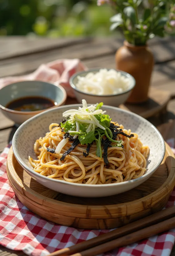 Zaru soba s ribanim daikonom, posluženo sa sojinim umakom i mladim lukom
