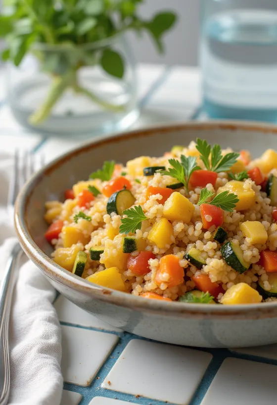 Bulgur s povrćem poslužen s komadićima svježe paprike, rajčice i tikvice