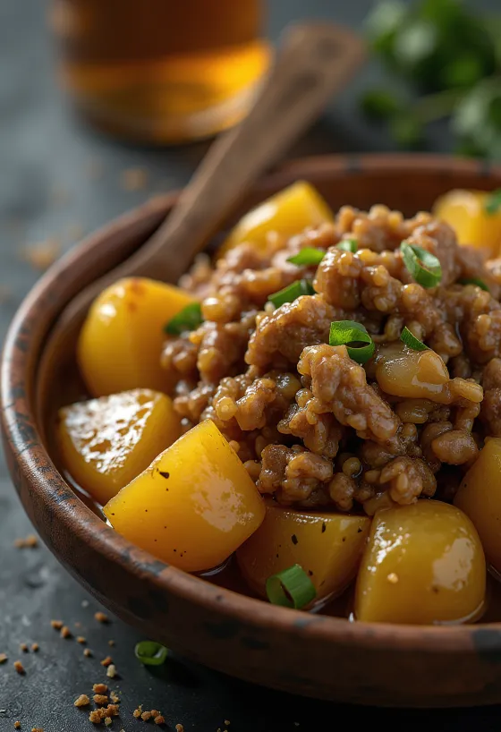 Adobo s krumpirom, začinjeno meso i hrskavi krumpir poslužen