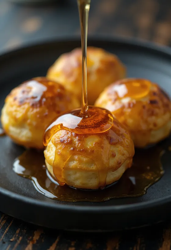 Æbleskiver s javorovim sirupom, svježi kolači, zlatno smeđi, posluženi s javorovim sirupom