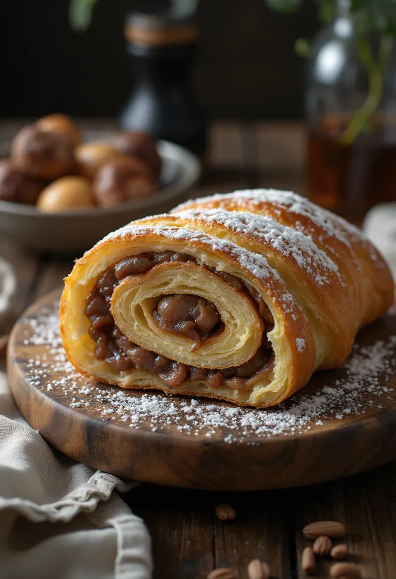 Bejgli s kestenom narezan na kriške, ukrašen