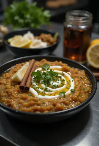 Haleem s jogurtom od češnjaka, bogato mesno bliskoistočno jelo ukrašeno svježim korijanderom