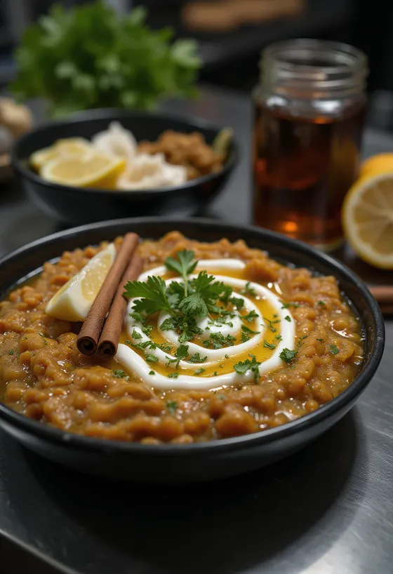 Haleem s jogurtom od češnjaka, bogato mesno bliskoistočno jelo ukrašeno svježim korijanderom
