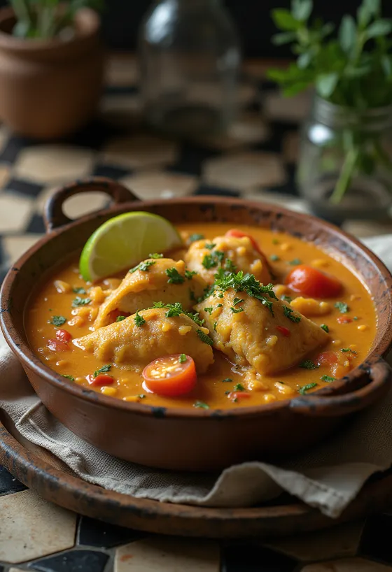 Moqueca riblje jelo, posluženo s gustim umakom i svježim korijanderom
