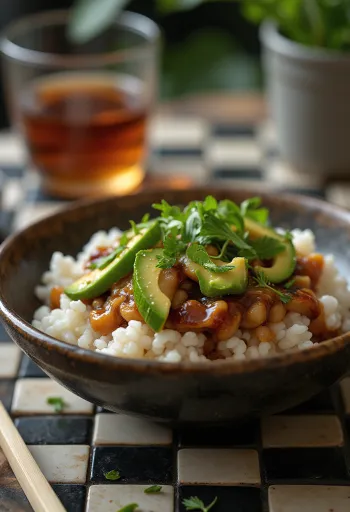 Poké s teriyaki umakom sa svježim povrćem na podlozi od riže, ukrašen korijanderom i sokom limete.