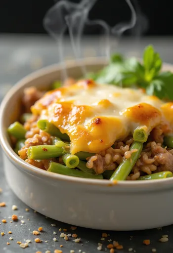 Složenac od mahuna sa svježim kiselim vrhnjem i zapečenim sirom na vrhu