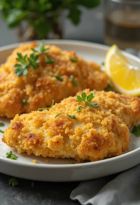 Pohana pileća prsa pečena do zlatno-smeđe boje, poslužena sa salatom