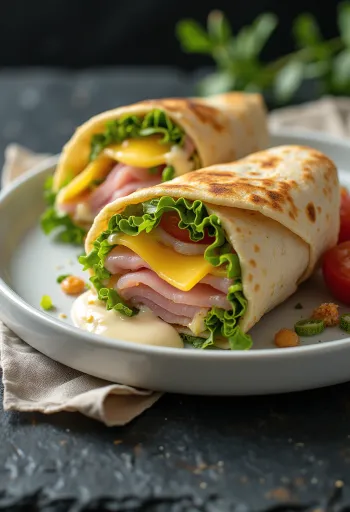 Wrap sendvič punjen šunkom, sirom, salatom i rajčicom, svježe serviran