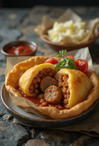 Acarajé s kobasicom, ukrašen začinjenim grahom i svježim peršinom