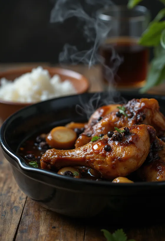 Adobo pileće meso, kuhano u umaku od soje, posluženo uz rižu
