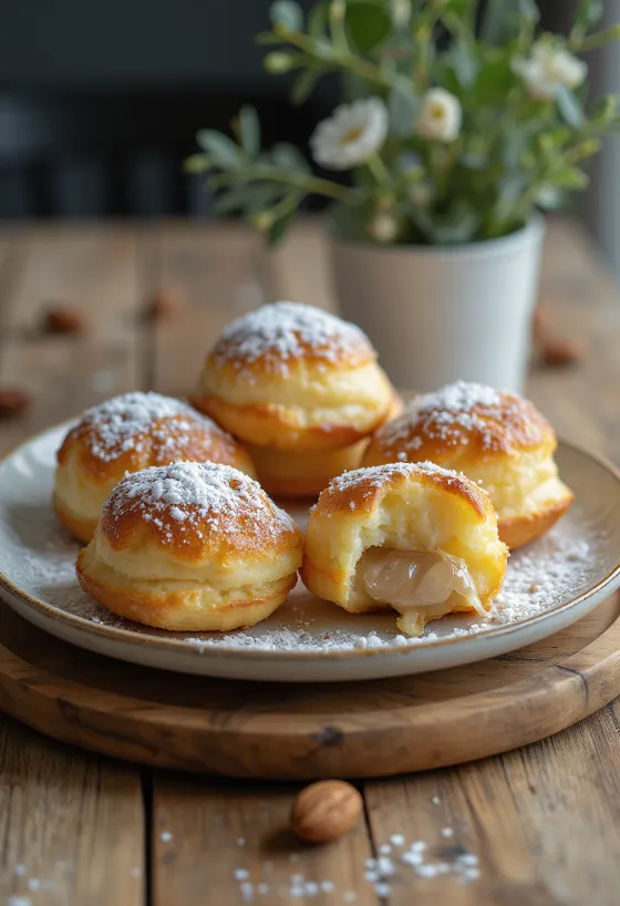 Æbleskiver s punjenjem od badema, posut šećerom u prahu, poslužen u zdjeli