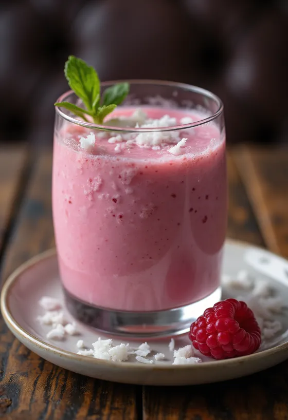 Probiotički kefir s kokosom i malinama poslužen u čaši, pored svježih malina i ribanog kokosa